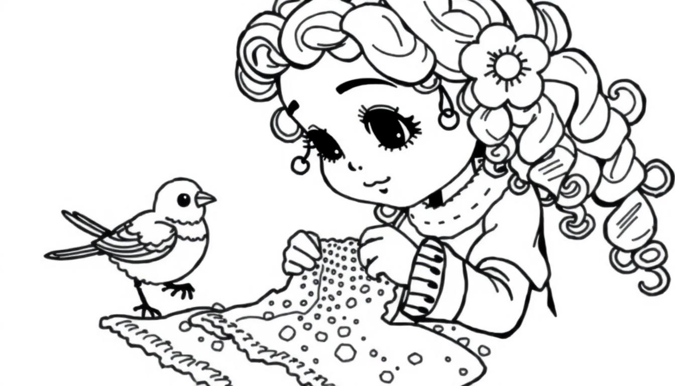 Kleurplaat van een meisje met krullend haar dat aan het haken is, samen met een vogeltje.