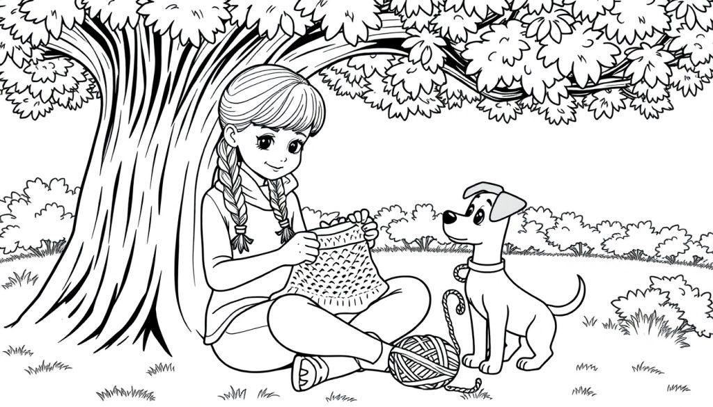 Kleurplaat van een meisje genaamd Amy met vlechten, zittend onder een boom terwijl ze haakt. Haar hond Lucy kijkt rustig toe.