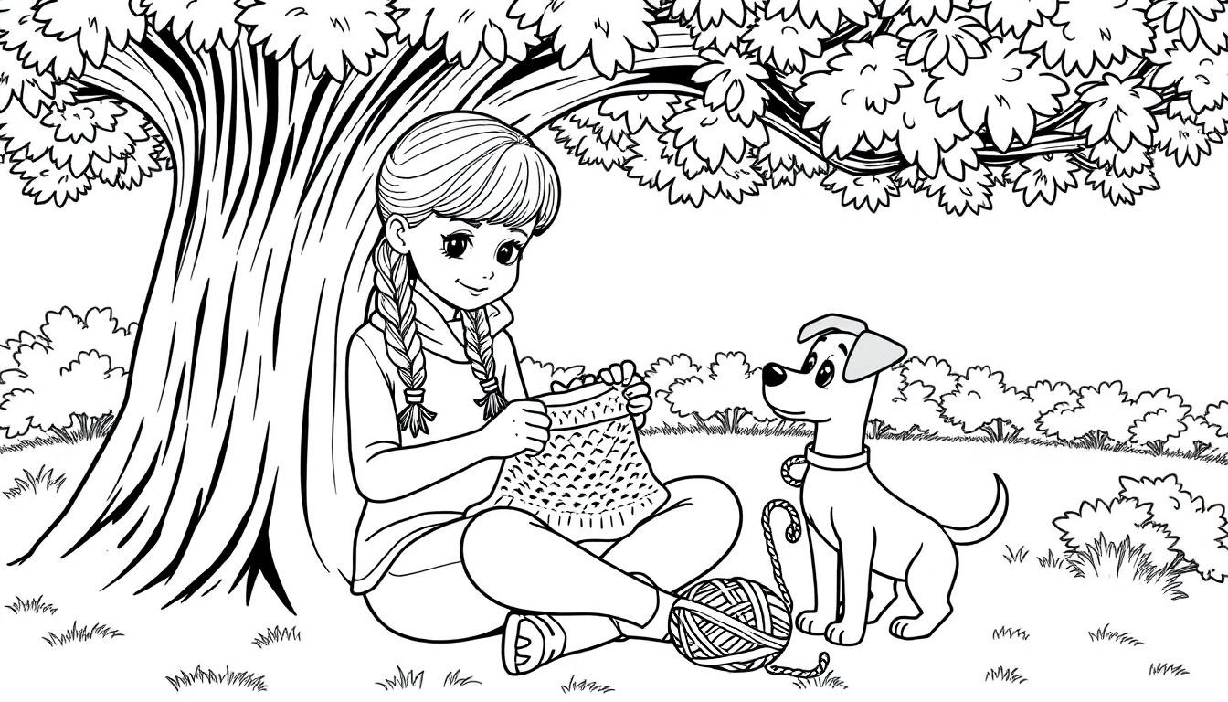 Kleurplaat van een meisje genaamd Amy met vlechten, zittend onder een boom terwijl ze haakt. Haar hond Lucy kijkt rustig toe.