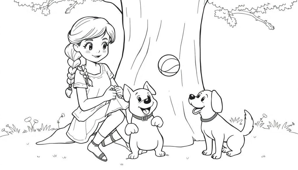 Kleurplaat van een meisje genaamd Amy met een vlecht in haar haar, die onder een boom zit en aan het haken is, met haar hond Lucy vrolijk naast haar.