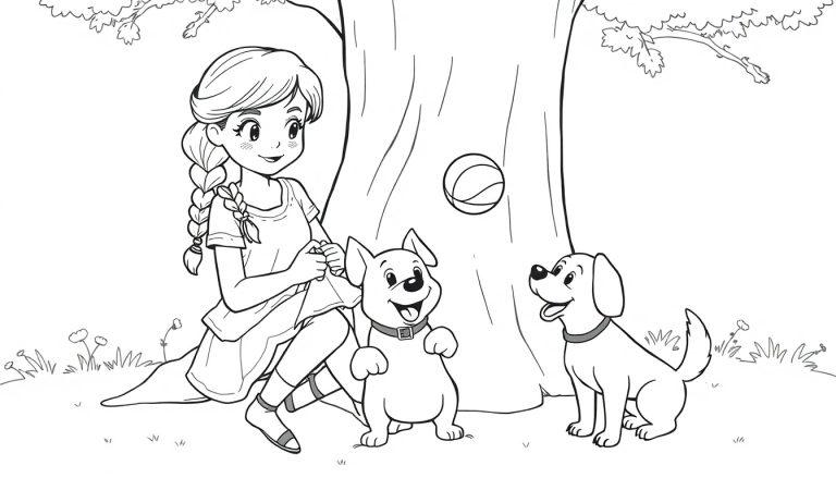 Kleurplaat van een meisje genaamd Amy met een vlecht in haar haar, die onder een boom zit en aan het haken is, met haar hond Lucy vrolijk naast haar.