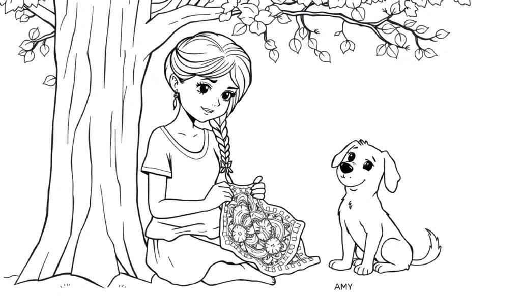 Kleurplaat van een meisje met een vlecht, genaamd Amy, die onder een boom zit te haken met haar puppy Lucy naast haar.