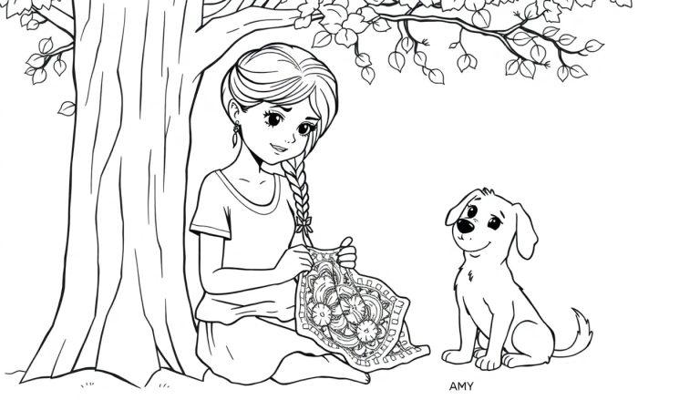 Kleurplaat van een meisje met een vlecht, genaamd Amy, die onder een boom zit te haken met haar puppy Lucy naast haar.