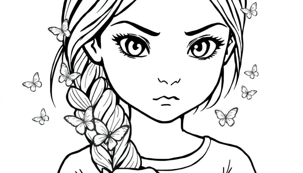 Een zwart-wit kleurplaat van een meisje met een serieuze blik, een vlecht van garen over haar schouder en vlinders rondom haar.