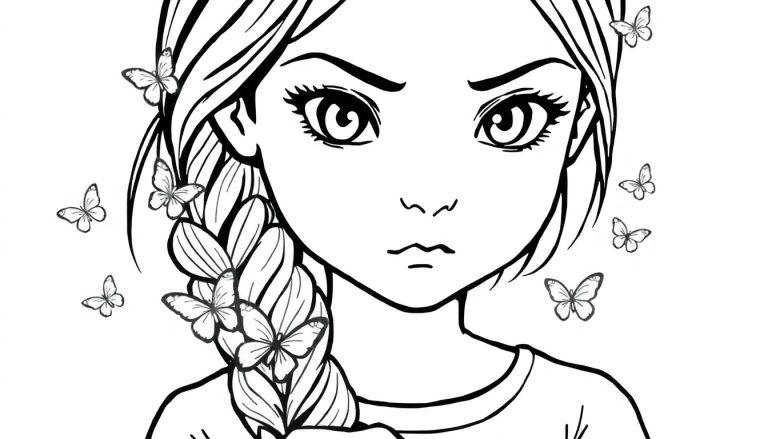 Een zwart-wit kleurplaat van een meisje met een serieuze blik, een vlecht van garen over haar schouder en vlinders rondom haar.