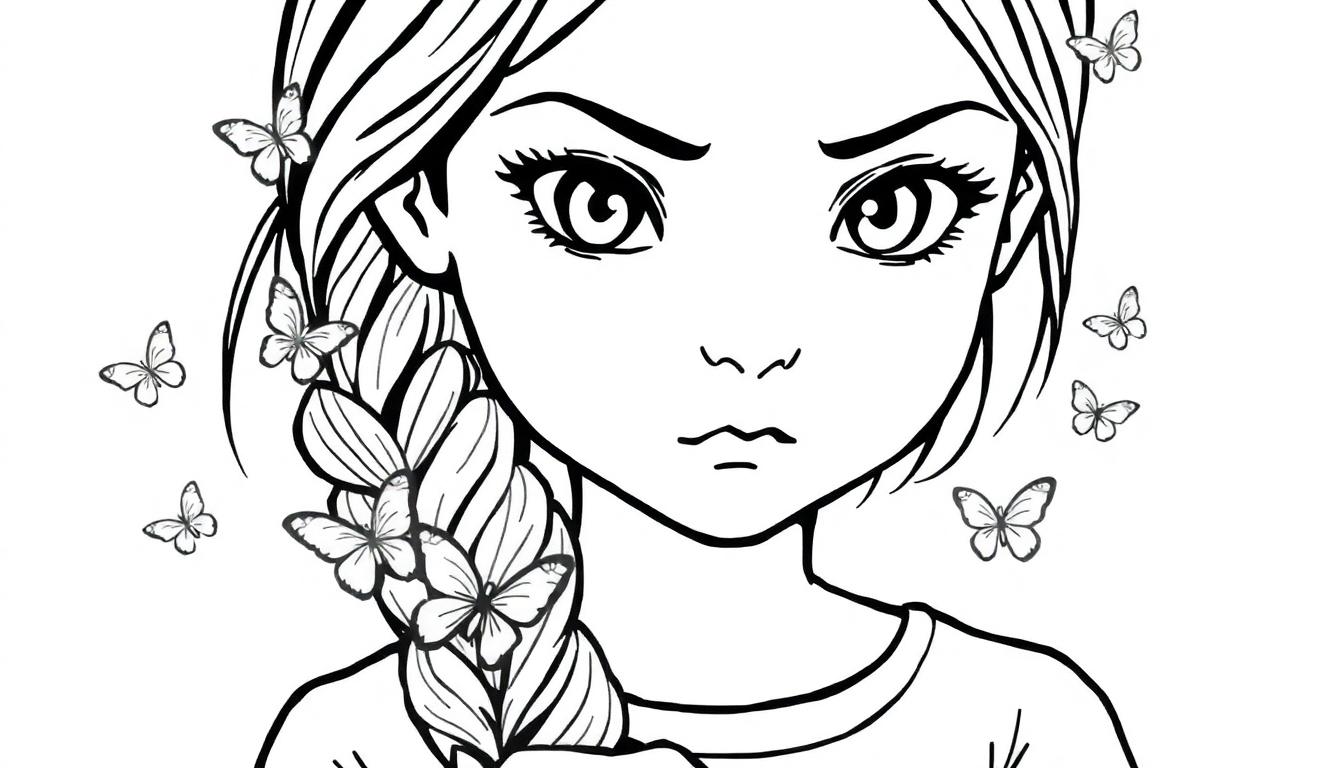 Een zwart-wit kleurplaat van een meisje met een serieuze blik, een vlecht van garen over haar schouder en vlinders rondom haar.