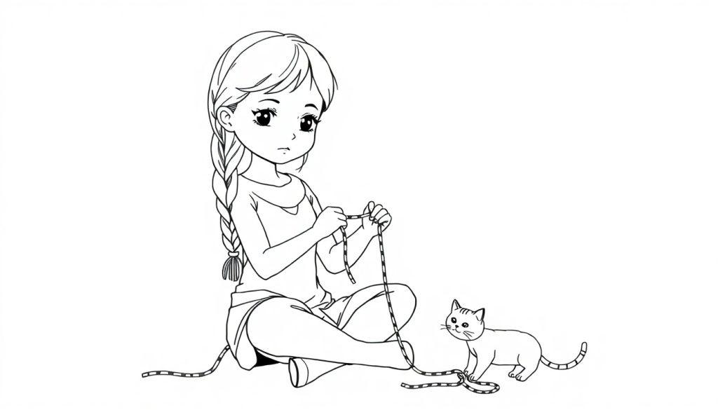 Kleurplaat van een meisje met vlecht en een kat, zittend op de grond met een lint.