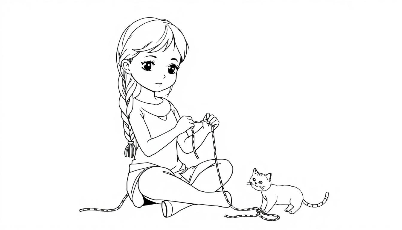 Kleurplaat van een meisje met vlecht en een kat, zittend op de grond met een lint.