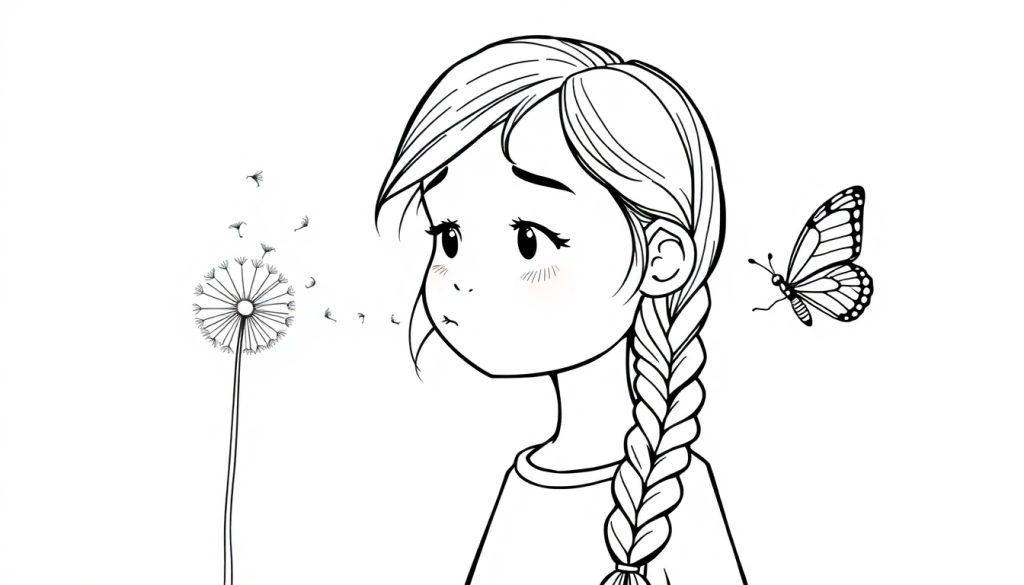 Kleurplaat van een meisje met een vlecht van garen over haar schouder en een dromerige gezichtsuitdrukking. Ze blaast richting een paardenbloem waarvan de zaadjes vliegen. Naast haar vliegt een gedetailleerde vlinder.