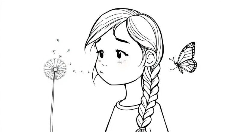 Kleurplaat van een meisje met een vlecht van garen over haar schouder en een dromerige gezichtsuitdrukking. Ze blaast richting een paardenbloem waarvan de zaadjes vliegen. Naast haar vliegt een gedetailleerde vlinder.
