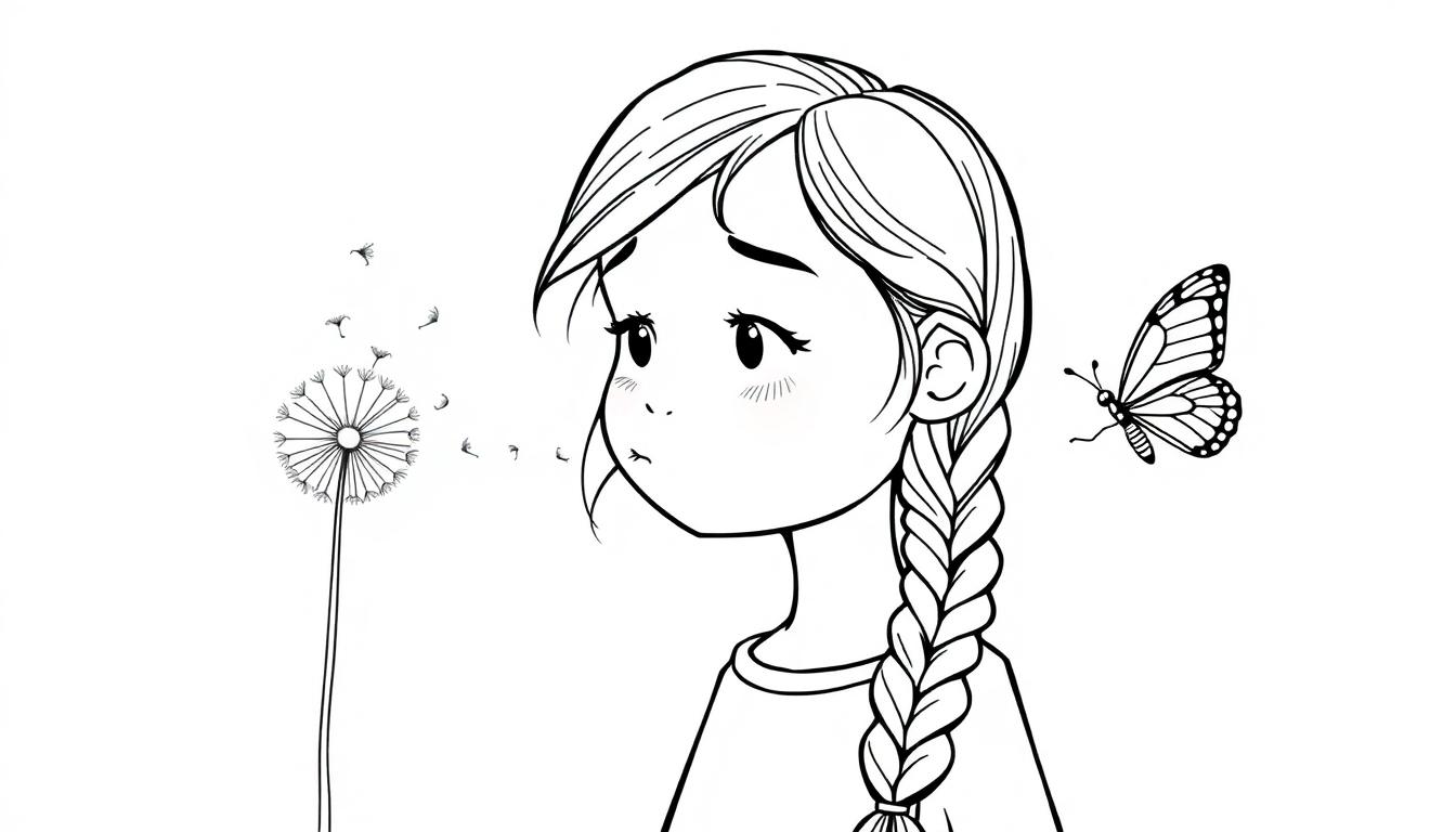 Kleurplaat van een meisje met een vlecht van garen over haar schouder en een dromerige gezichtsuitdrukking. Ze blaast richting een paardenbloem waarvan de zaadjes vliegen. Naast haar vliegt een gedetailleerde vlinder.