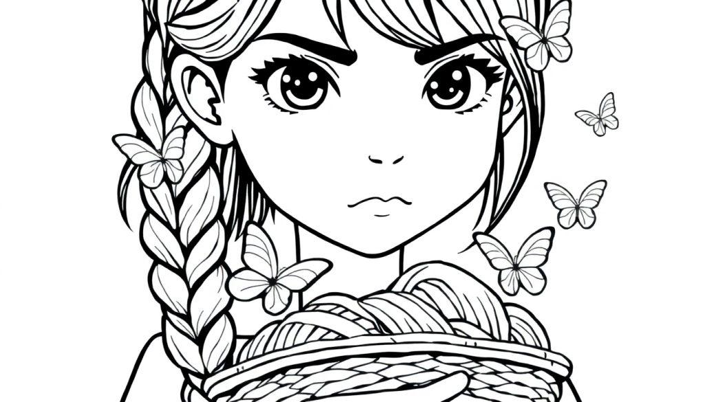 Zwart-wit kleurplaat van een meisje met een serieus gezicht, een vlecht van garen over haar schouder, en spelende vlinders om haar heen.