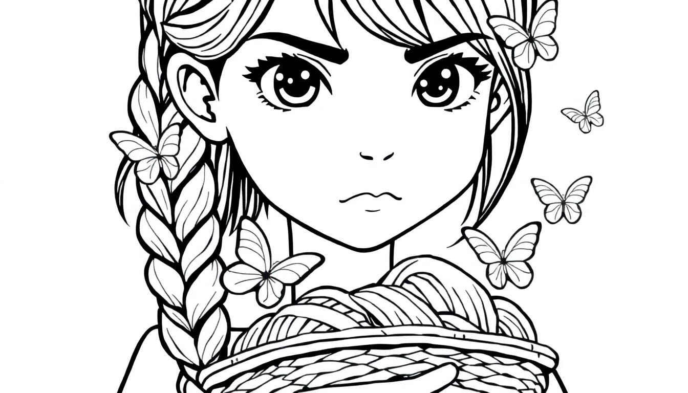 Zwart-wit kleurplaat van een meisje met een serieus gezicht, een vlecht van garen over haar schouder, en spelende vlinders om haar heen.