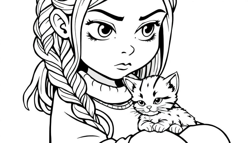 Kleurplaat van een meisje met een serieus gezicht en een vlecht van garen over haar schouder, terwijl ze een katje vasthoudt.