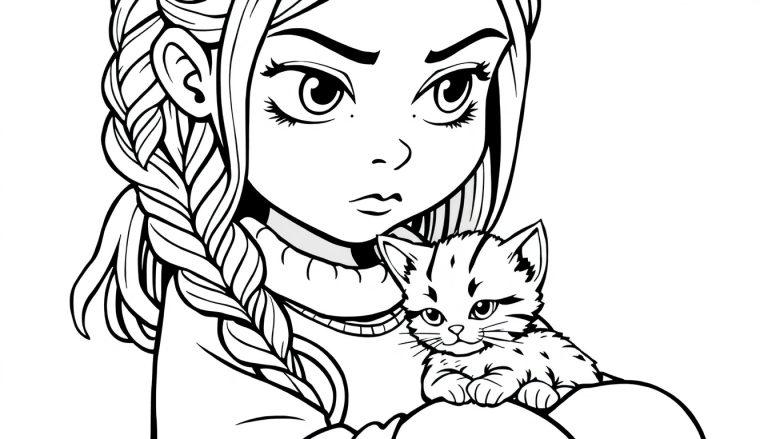 Kleurplaat van een meisje met een serieus gezicht en een vlecht van garen over haar schouder, terwijl ze een katje vasthoudt.