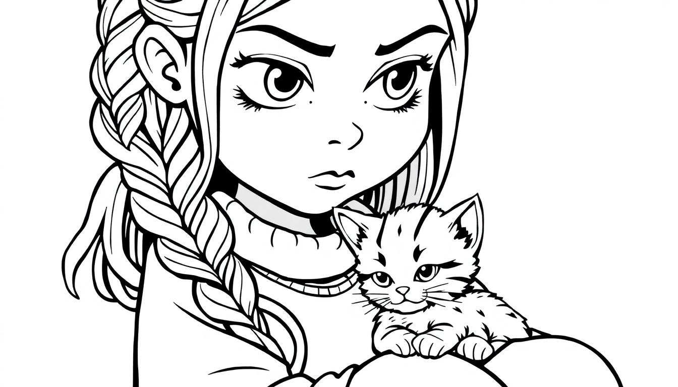 Kleurplaat van een meisje met een serieus gezicht en een vlecht van garen over haar schouder, terwijl ze een katje vasthoudt.