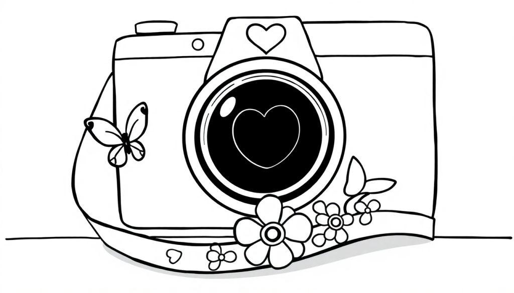 Kleurplaat van een fotocamera met een hartje in de lens, bloemen, een vlinder en een decoratieve draagriem.