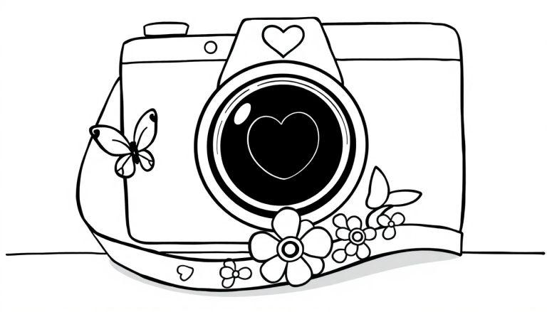 Kleurplaat van een fotocamera met een hartje in de lens, bloemen, een vlinder en een decoratieve draagriem.