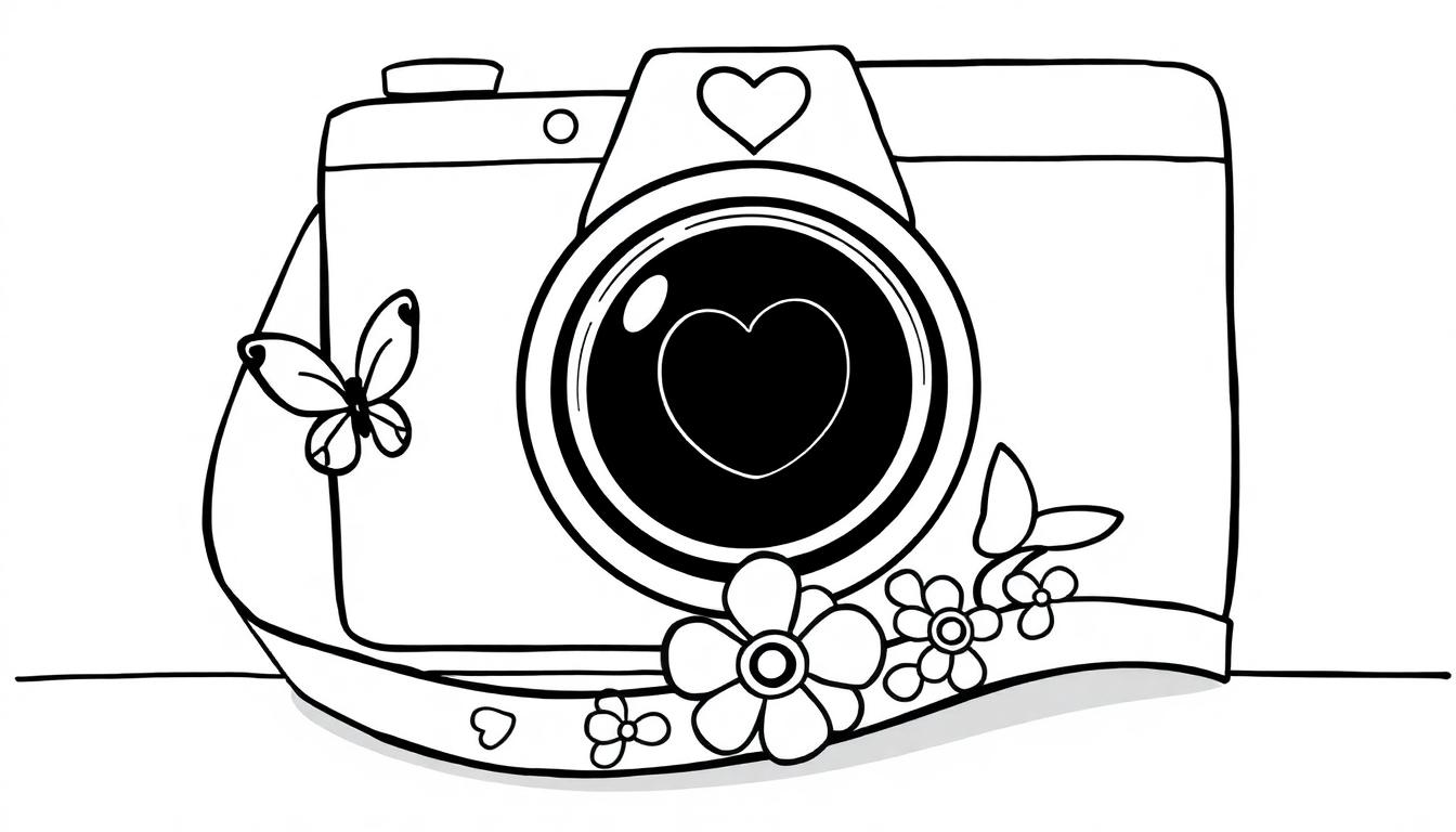 Kleurplaat van een fotocamera met een hartje in de lens, bloemen, een vlinder en een decoratieve draagriem.