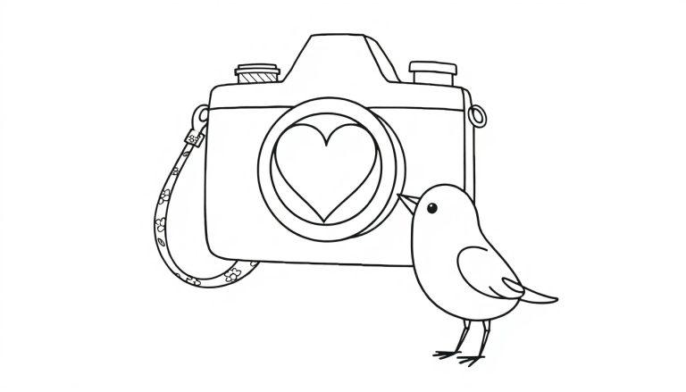 Zwart-wit illustratie van een fotocamera met een hartje in de lens en een bloemenriem, met een vogeltje erbij. Perfect voor een kleurplaat.