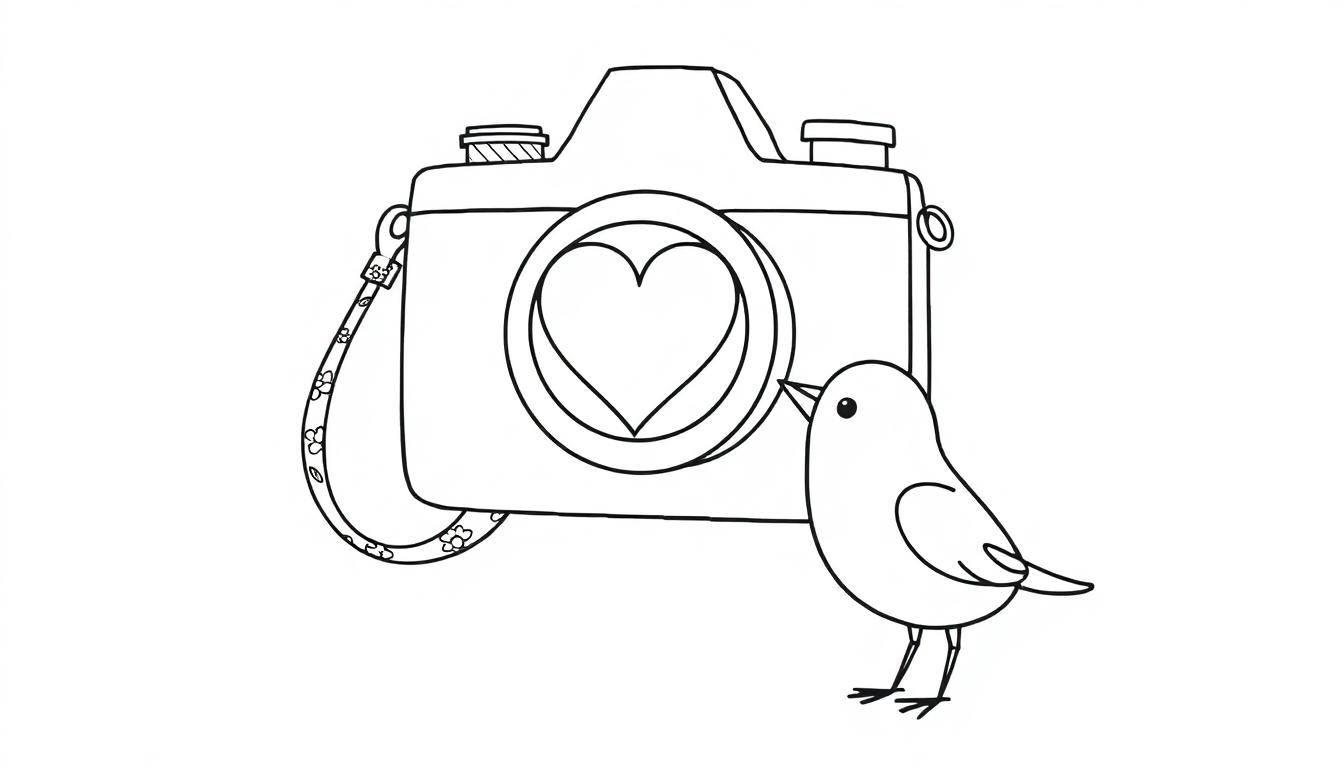 Zwart-wit illustratie van een fotocamera met een hartje in de lens en een bloemenriem, met een vogeltje erbij. Perfect voor een kleurplaat.