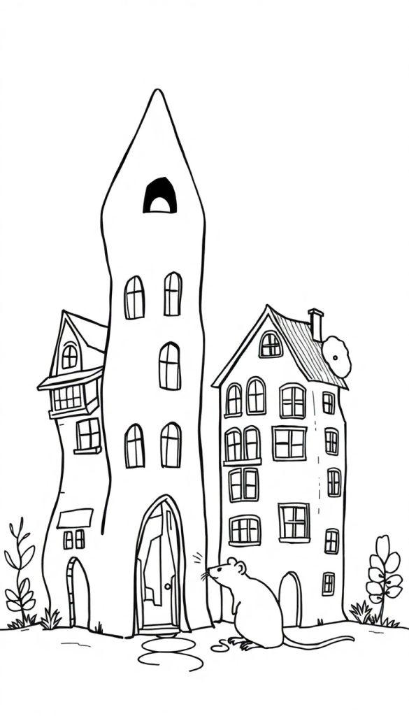 Kleurplaat van drie speelse, scheve huizen met een rat en plantjes op de grond.