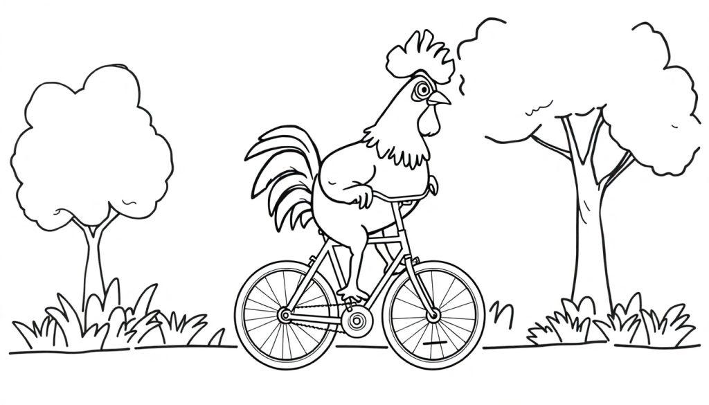 Kleurplaat van een grappige haan die op een fiets rijdt in een simpel en minimalistisch landschap met bomen en gras.