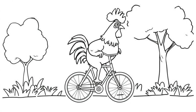 Kleurplaat van een grappige haan die op een fiets rijdt in een simpel en minimalistisch landschap met bomen en gras.