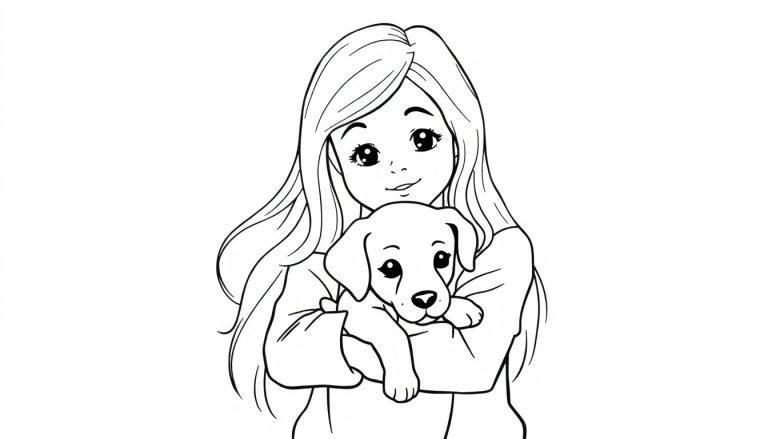 Kleurplaat van een meisje met lang haar dat een schattige puppy vasthoudt.