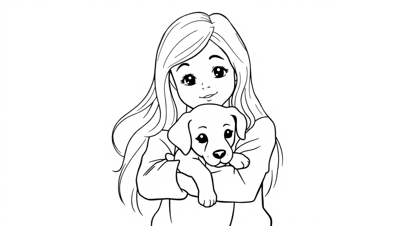 Kleurplaat van een meisje met lang haar dat een schattige puppy vasthoudt.