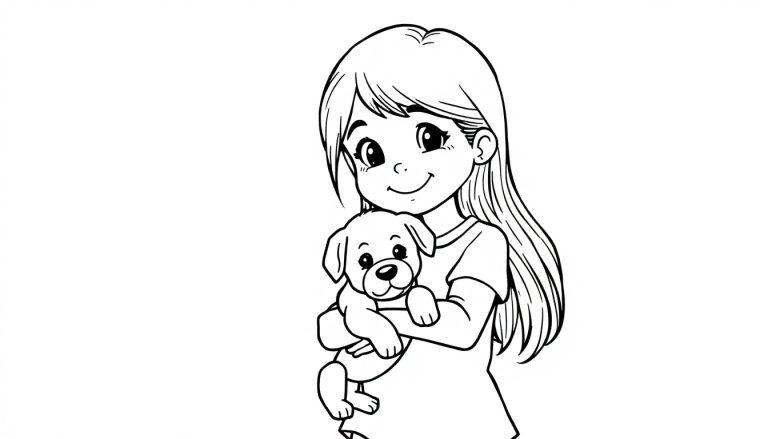 Kleurplaat van een meisje van 12 jaar met lang haar die een puppy vasthoudt, glimlachend en blij.