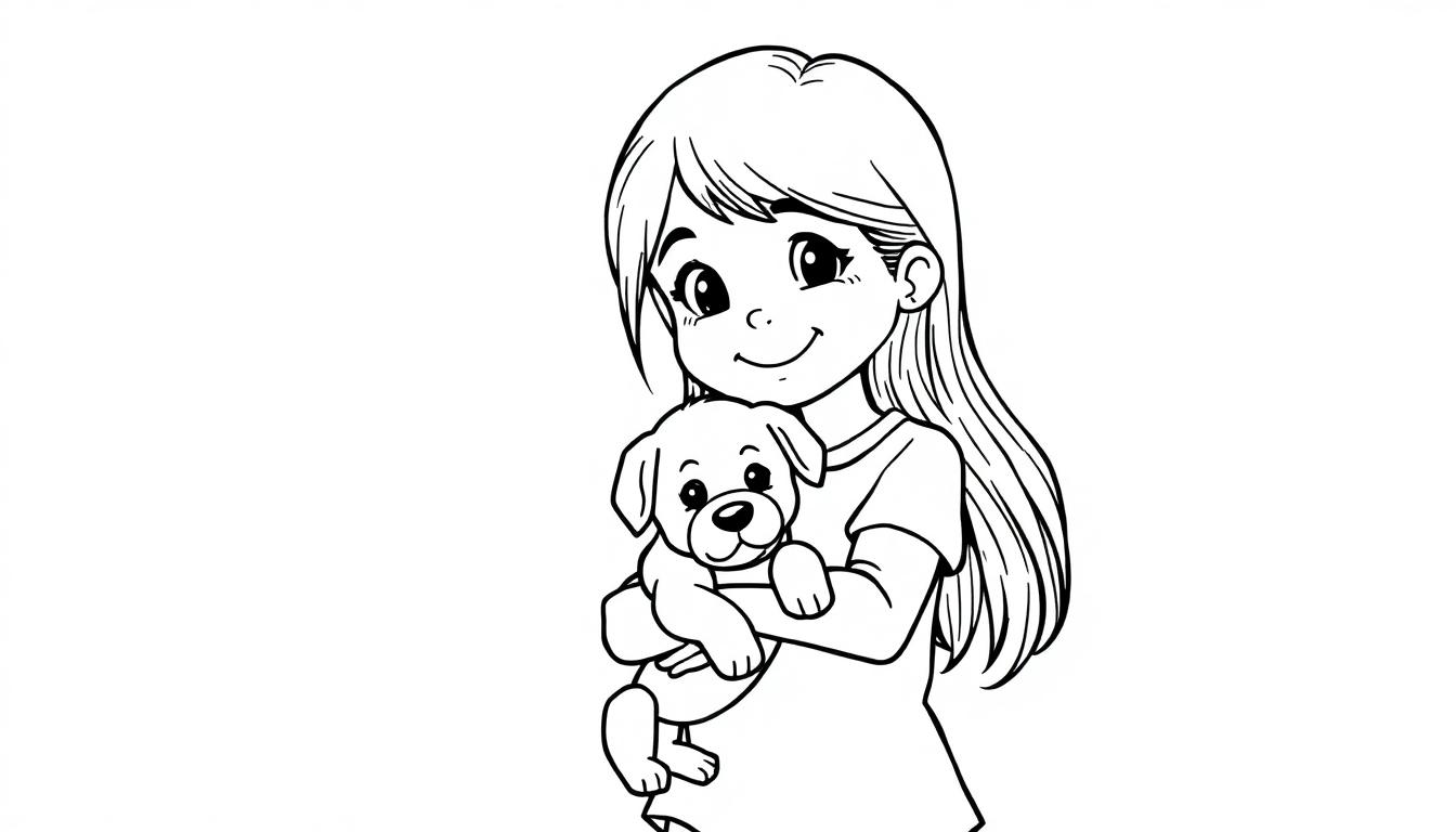 Kleurplaat van een meisje van 12 jaar met lang haar die een puppy vasthoudt, glimlachend en blij.