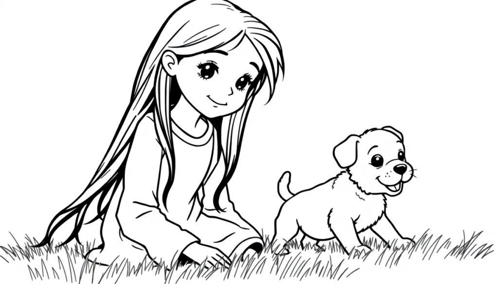 Kleurplaat van een meisje met lang haar die een puppy vasthoudt in het gras, samen met een vrolijk hondje dat eraan snuffelt.