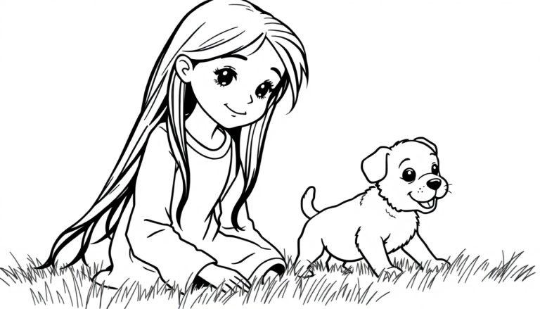 Kleurplaat van een meisje met lang haar die een puppy vasthoudt in het gras, samen met een vrolijk hondje dat eraan snuffelt.