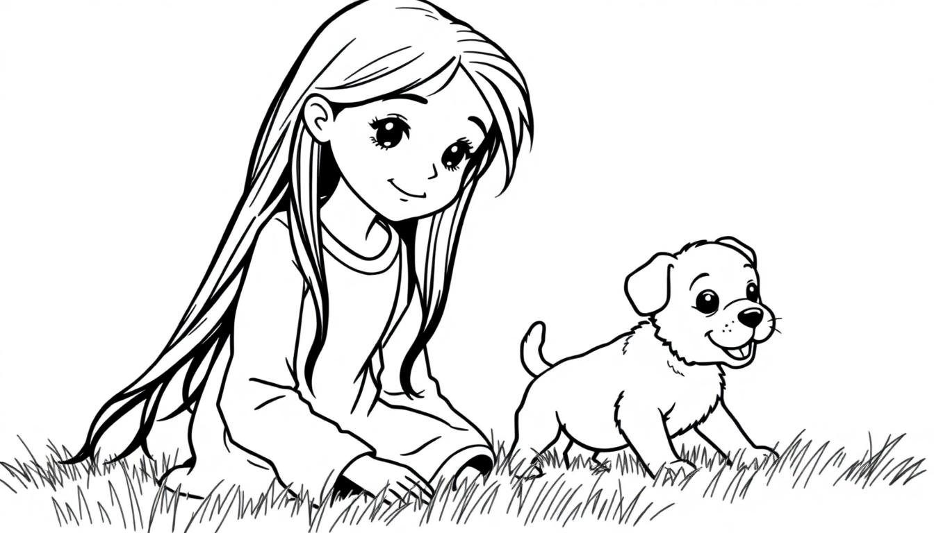 Kleurplaat van een meisje met lang haar die een puppy vasthoudt in het gras, samen met een vrolijk hondje dat eraan snuffelt.