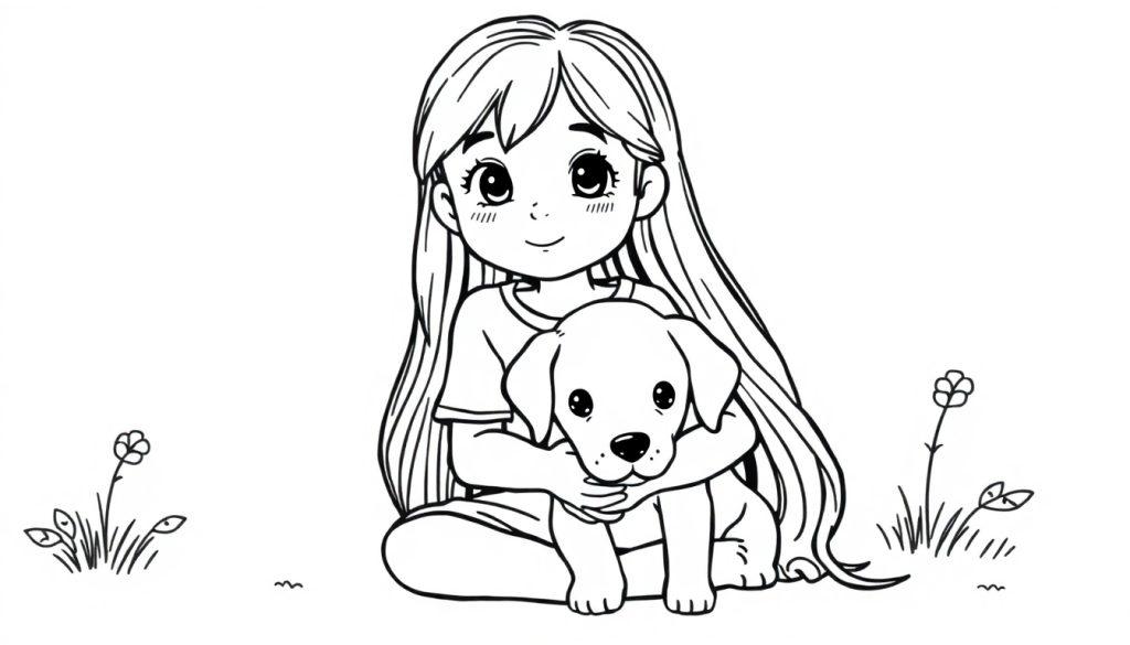 Kleurplaat van een meisje met lang haar dat een puppy omhelst, zittend in een natuurlandschap met bloemen en gras.