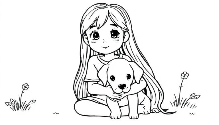 Kleurplaat van een meisje met lang haar dat een puppy omhelst, zittend in een natuurlandschap met bloemen en gras.