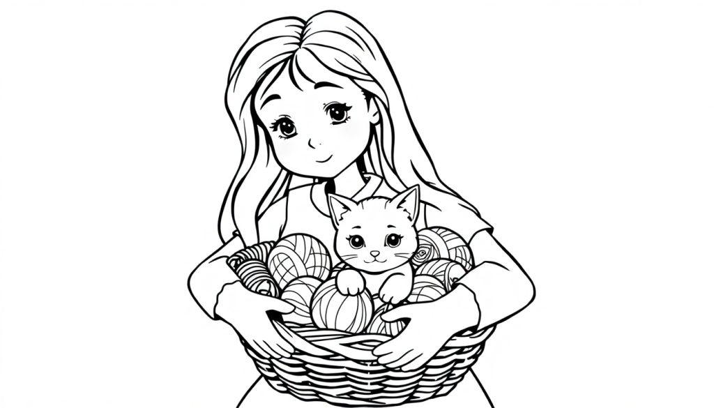 Kleurplaat van een meisje met lang haar dat een mand vasthoudt met bollen wol en een schattig katje erop. Het is een vrolijke en knusse kleurplaat voor kinderen.