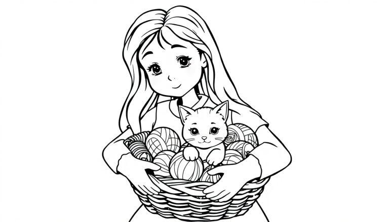 Kleurplaat van een meisje met lang haar dat een mand vasthoudt met bollen wol en een schattig katje erop. Het is een vrolijke en knusse kleurplaat voor kinderen.