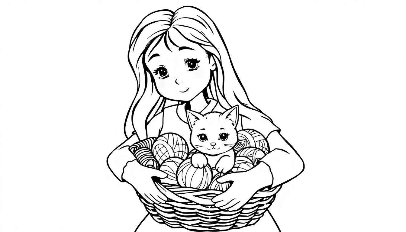 Kleurplaat van een meisje met lang haar dat een mand vasthoudt met bollen wol en een schattig katje erop. Het is een vrolijke en knusse kleurplaat voor kinderen.