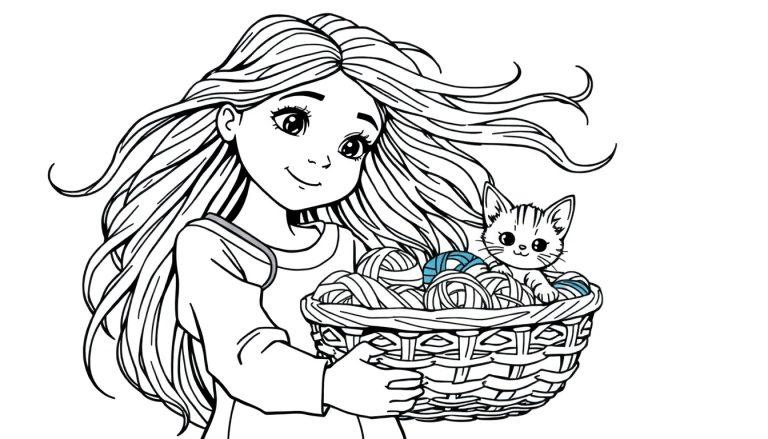 Kleurplaat van een meisje met lang haar die een mand vasthoudt met wol en een kitten die erin zit.
