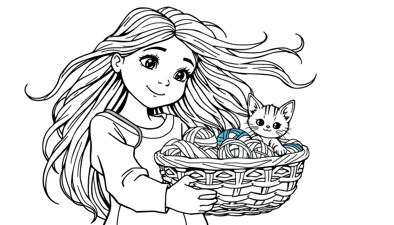 Kleurplaat van een meisje met lang haar die een mand vasthoudt met wol en een kitten die erin zit.