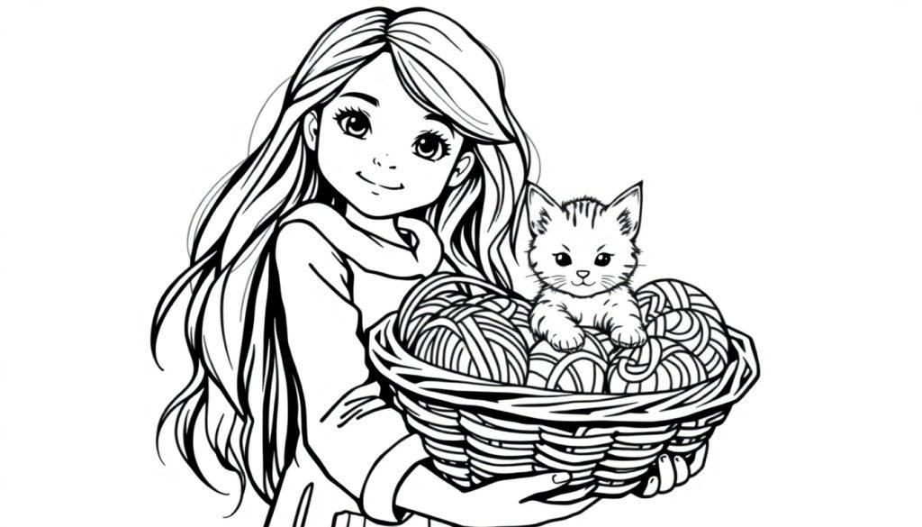Kleurplaat van een meisje met lang haar die een mand vasthoudt met garen en een katje erop, alles in zwart-wit.