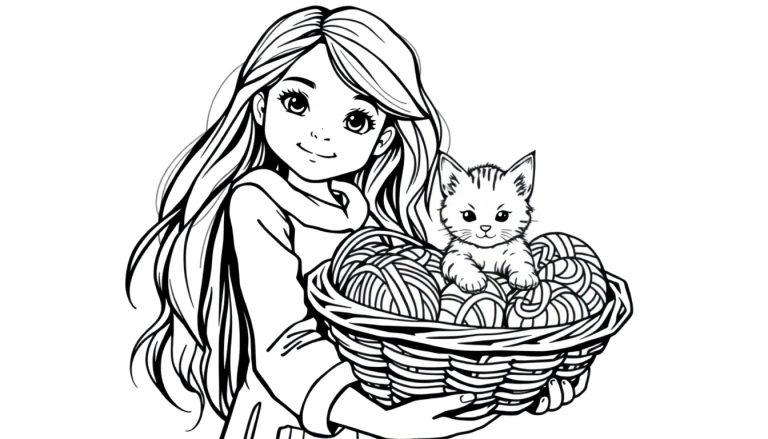 Kleurplaat van een meisje met lang haar die een mand vasthoudt met garen en een katje erop, alles in zwart-wit.