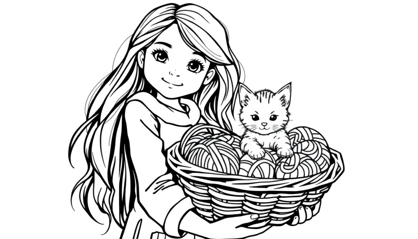 Kleurplaat van een meisje met lang haar die een mand vasthoudt met garen en een katje erop, alles in zwart-wit.