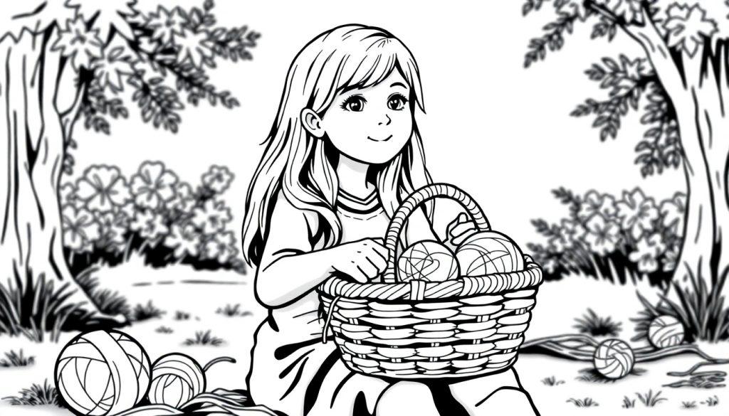 Een kleurplaat van een meisje in de tuin met een mand vol wol en een katje, omringd door bloemen en bomen.