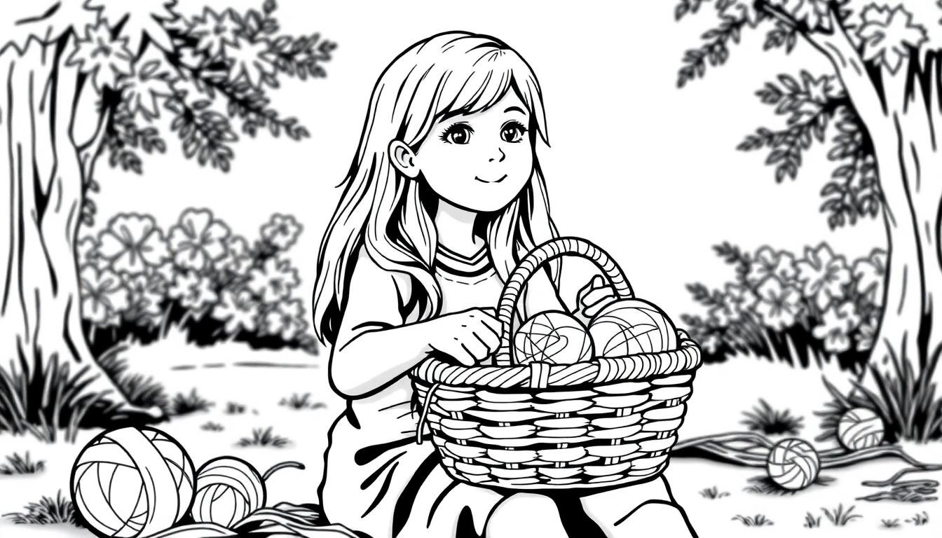 Een kleurplaat van een meisje in de tuin met een mand vol wol en een katje, omringd door bloemen en bomen.
