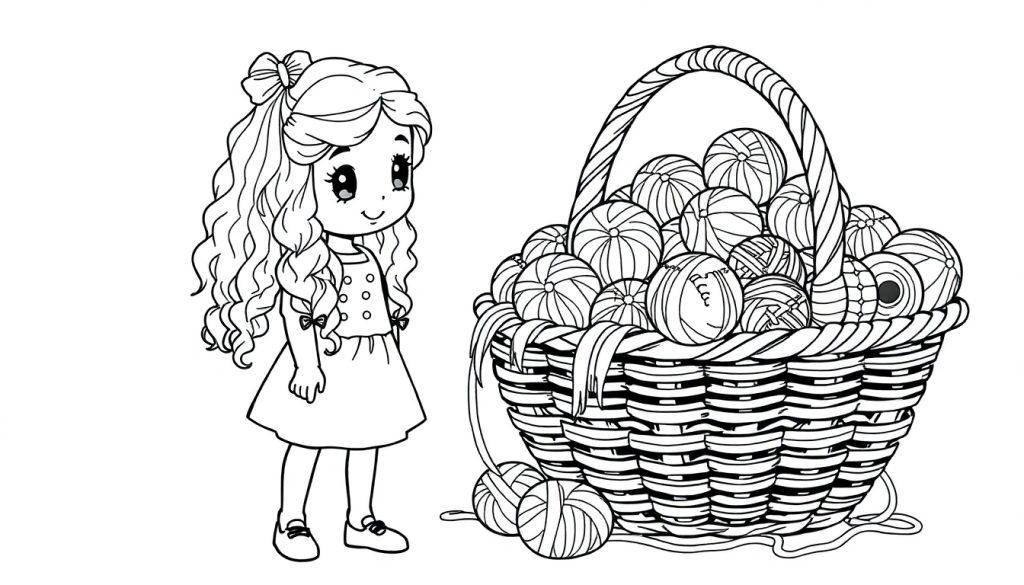 Kleurplaat van een meisje met krullend haar en een strik, die naast een mand met wolbolletjes staat. Perfect voor kleuren en plezier!
