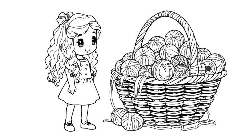 Kleurplaat van een meisje met krullend haar en een strik, die naast een mand met wolbolletjes staat. Perfect voor kleuren en plezier!