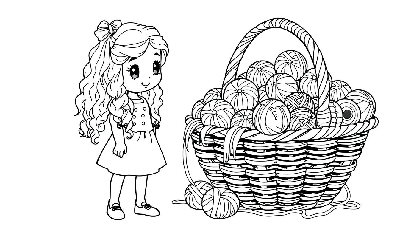 Kleurplaat van een meisje met krullend haar en een strik, die naast een mand met wolbolletjes staat. Perfect voor kleuren en plezier!